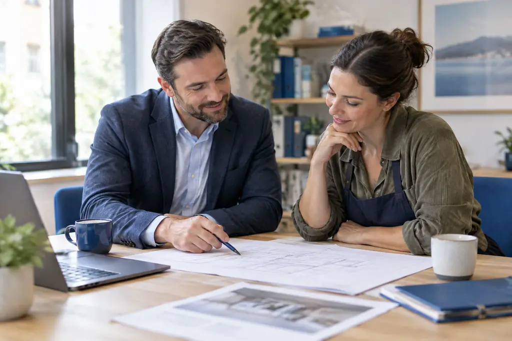 Consultant and business owner reviewing plans together at a table