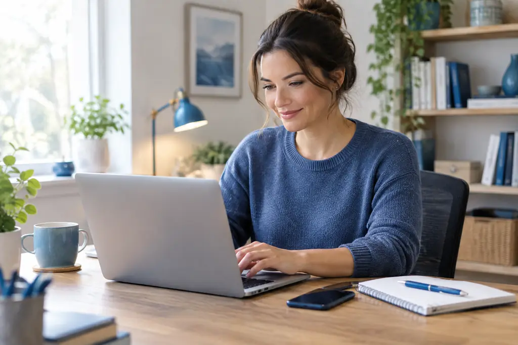 Business owner writing an enquiry on a laptop at a desk