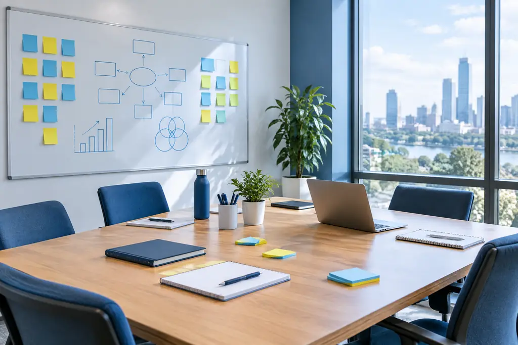 Bright meeting room set up for a strategy session