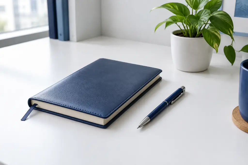 Closed notebook and pen on a tidy office desk