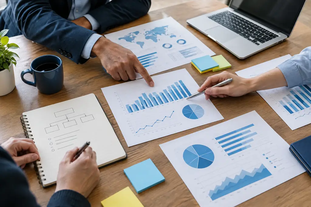 Strategy session with charts and planning documents spread across a table