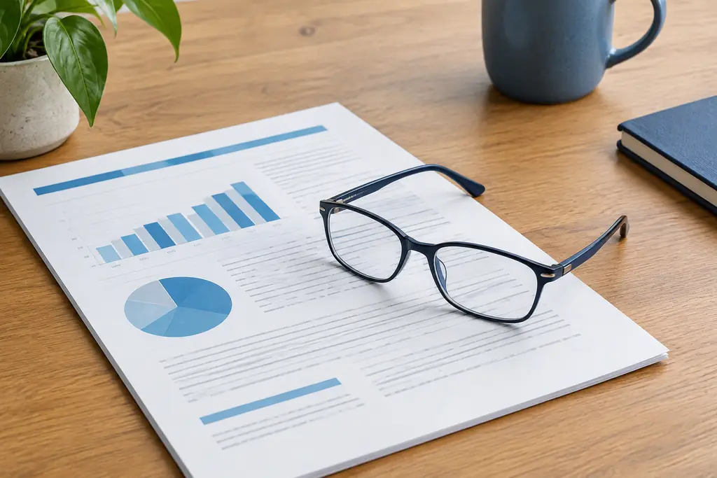 Printed document and reading glasses on a wooden desk