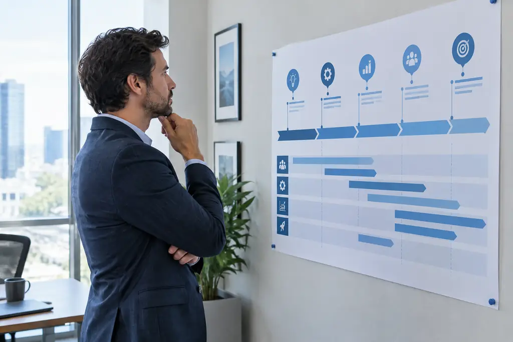 Business owner reviewing a printed strategic roadmap on a wall