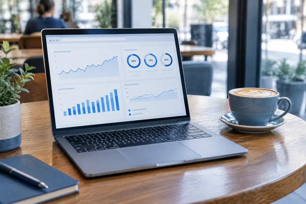 Laptop showing website performance charts beside a coffee cup