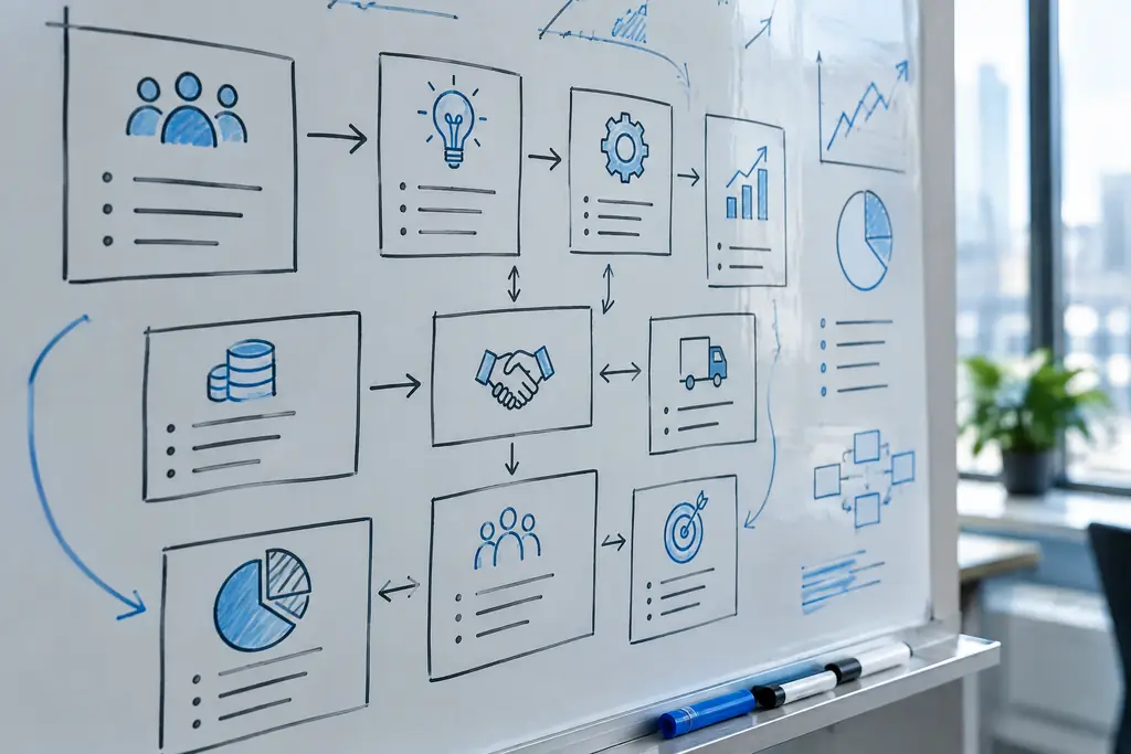 Whiteboard covered in business model sketches and arrows