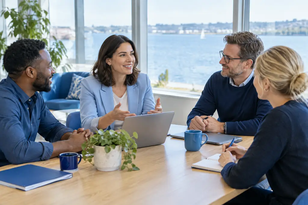 Small business team in discussion in a bright office with a water view