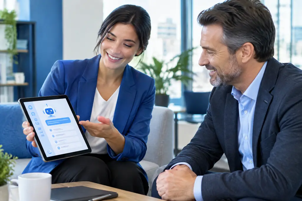Consultant showing an AI assistant on a tablet to a business owner
