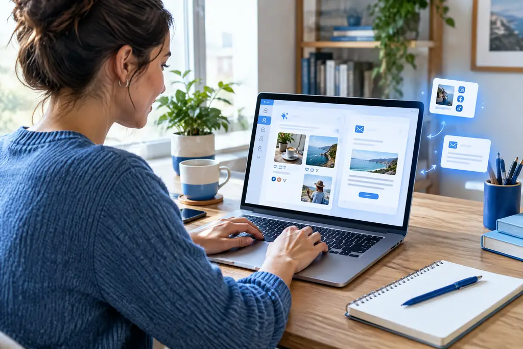 Small business owner using AI marketing tools on a laptop to create content