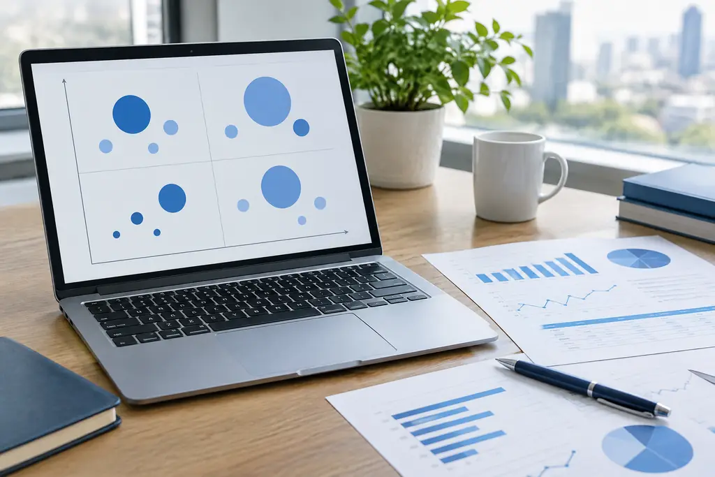 Growth share matrix chart with four quadrants on a laptop beside printed sales reports