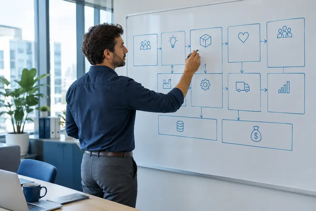 Owner sketching a new business model canvas on a whiteboard