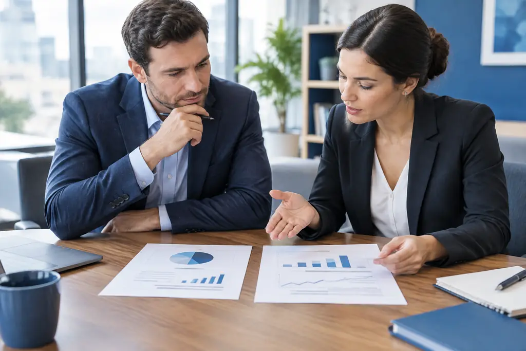 Consultant and business owner comparing strategy options on printed charts