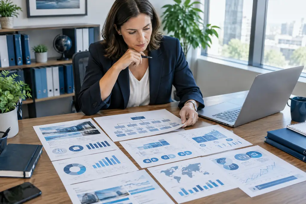 Consultant and business owner reviewing reports and charts covering every part of the business