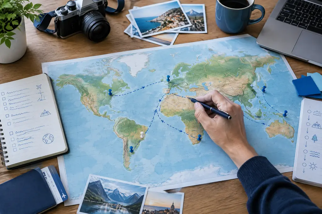 World map on a desk with planning notes for reaching new markets