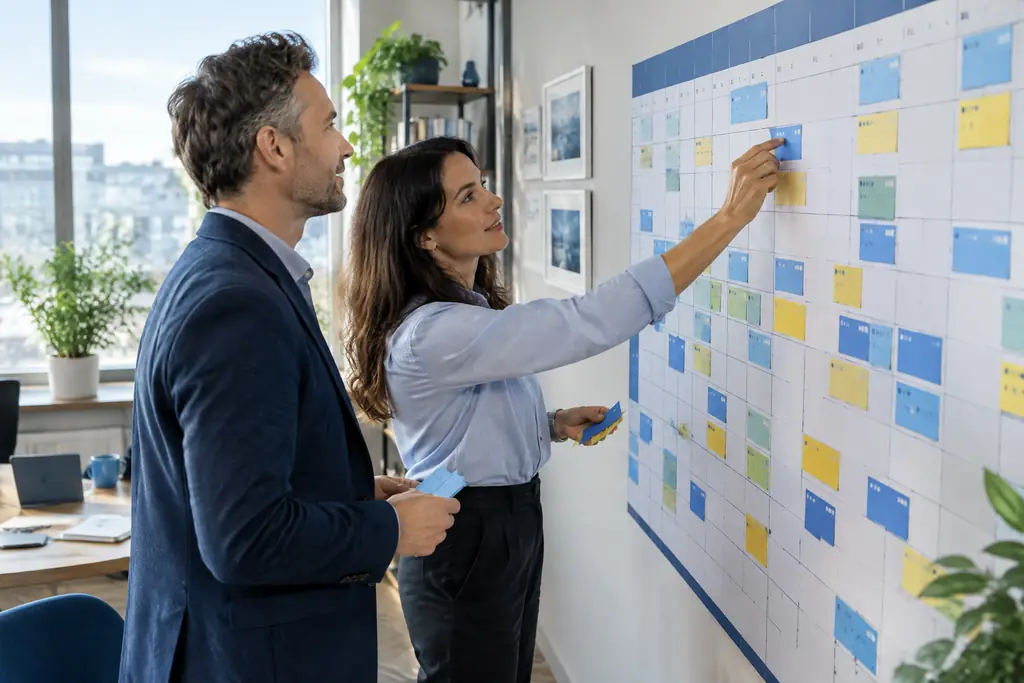 Business owner and consultant mapping yearly priorities on a wall planner