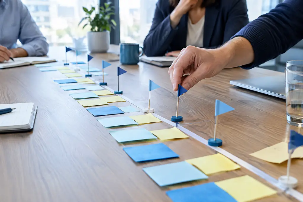 Strategic roadmap with milestones and sticky notes laid out across a meeting table