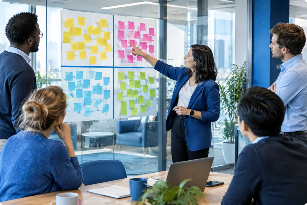 Team workshop with a large SWOT grid of sticky notes on a glass wall