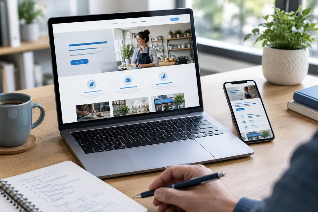 Laptop and phone showing a small business website being reviewed for improvements